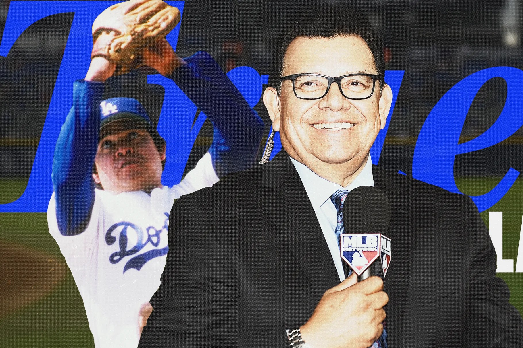 A smiling Fernando Valenzuela holding a microphone, with a him as a baseball player in a Dodgers uniform pitching a ball in the background.